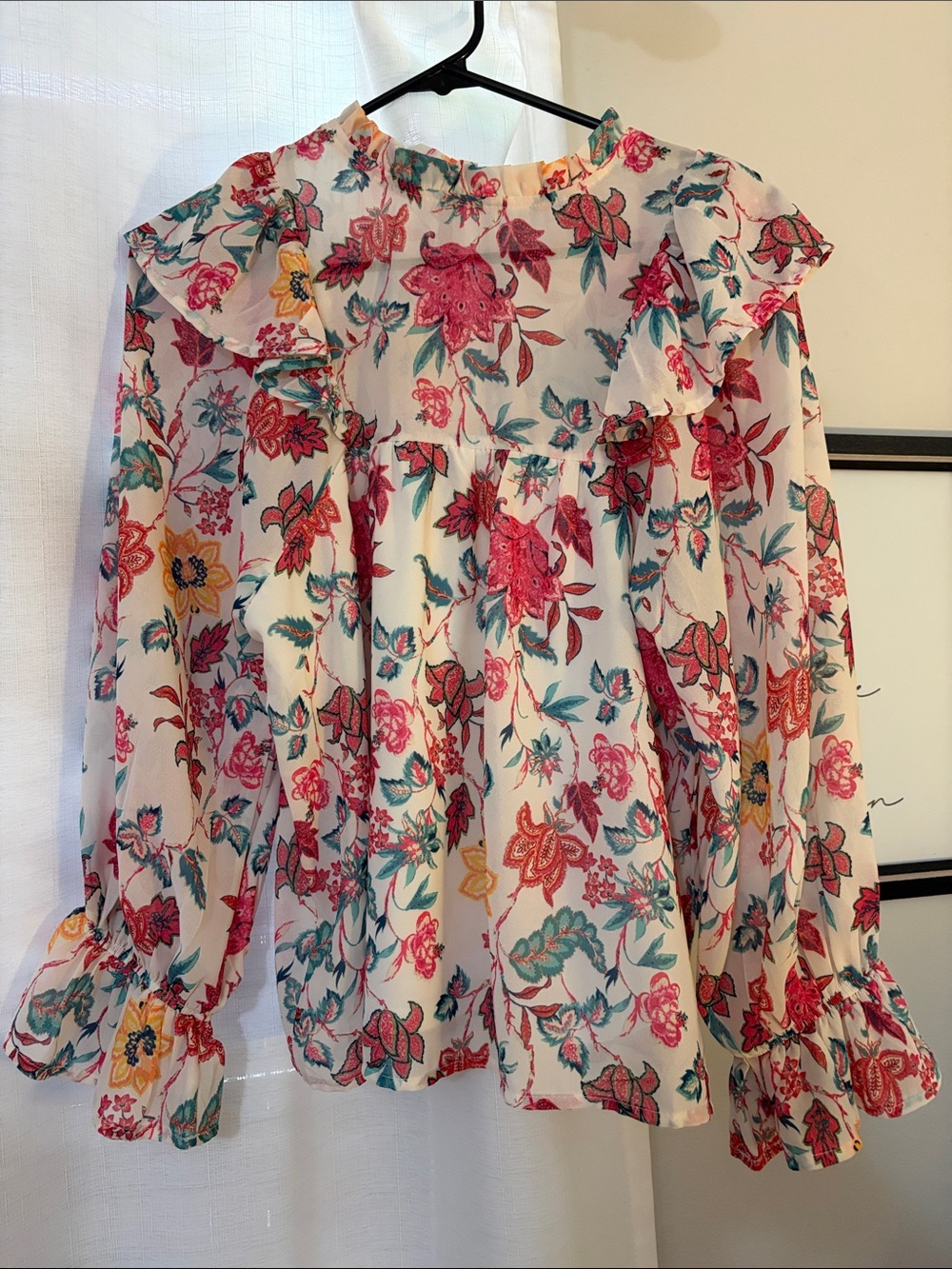Aura Floral Ruffle Top in White with Pink, Teal & Yellow Accents